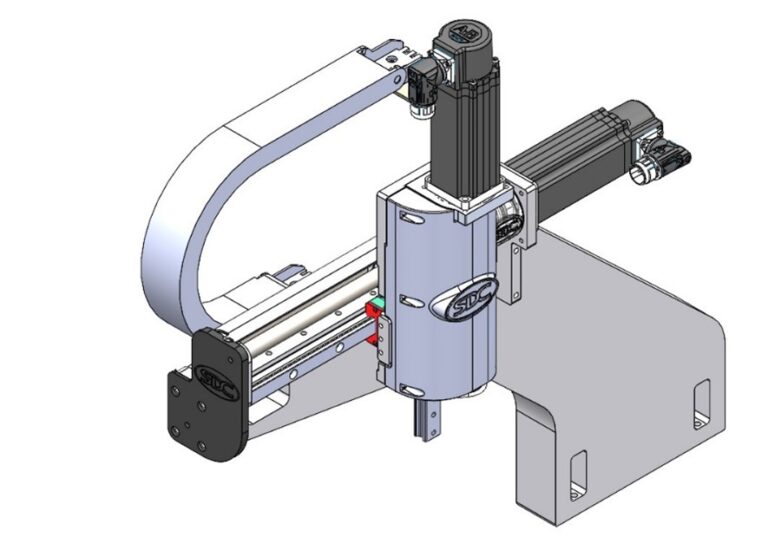3D CAD model of an automated industrial pick and place system with the SDC logo engraved on the side