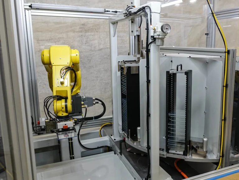 A FANUC yellow robot connected to multiple wires operates machinery in a factory setting, showcasing advanced automation in robotic material handling.