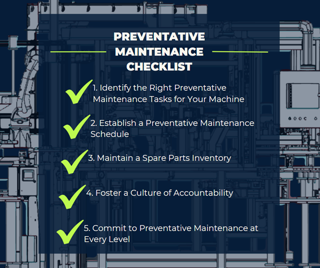 Preventative Maintenance Checklist on a dark blue industrial machine background. Includes five key tasks, each marked with a green checkmark.
