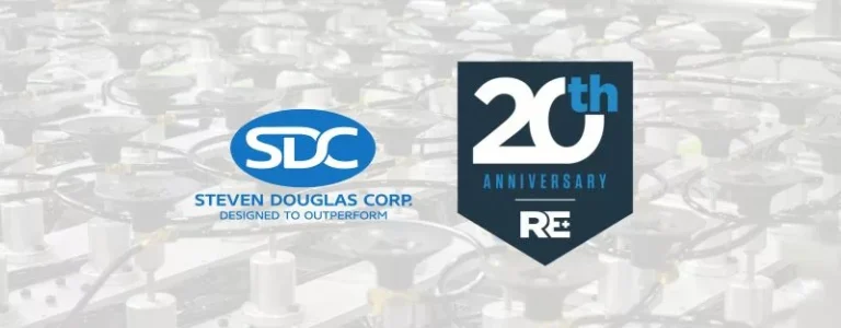 20th Anniversary of RE+. Steven Douglas Corp. logo beside a 20th Anniversary badge on top of a manufacturing machine background with a white fade overlay.