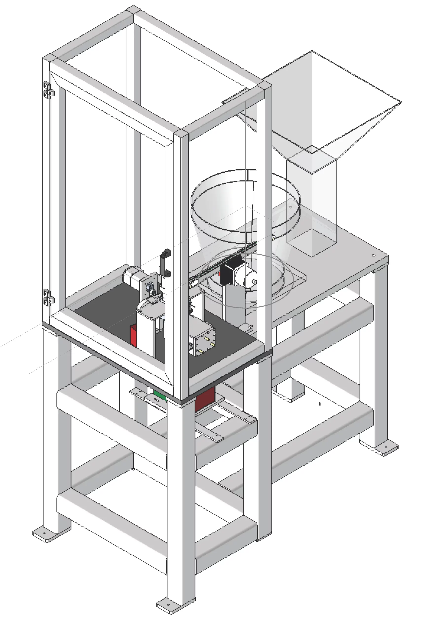 This image is a CAD drawing of an automated mechanical testing device comprising a frame with components for automated sample loading, testing, and collection.