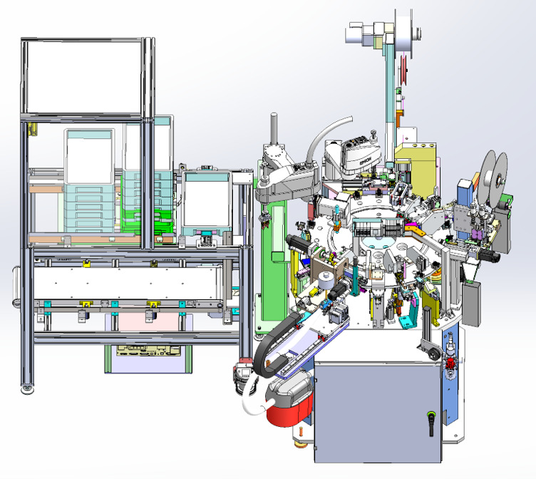 CAD drawing of an automated manufacturing machine, side view. Complex system with robotic arms and conveyor belts.