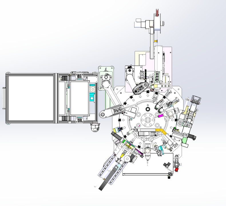 Overhead technical drawing of an automated machine with robotic arms and intricate mechanical components.