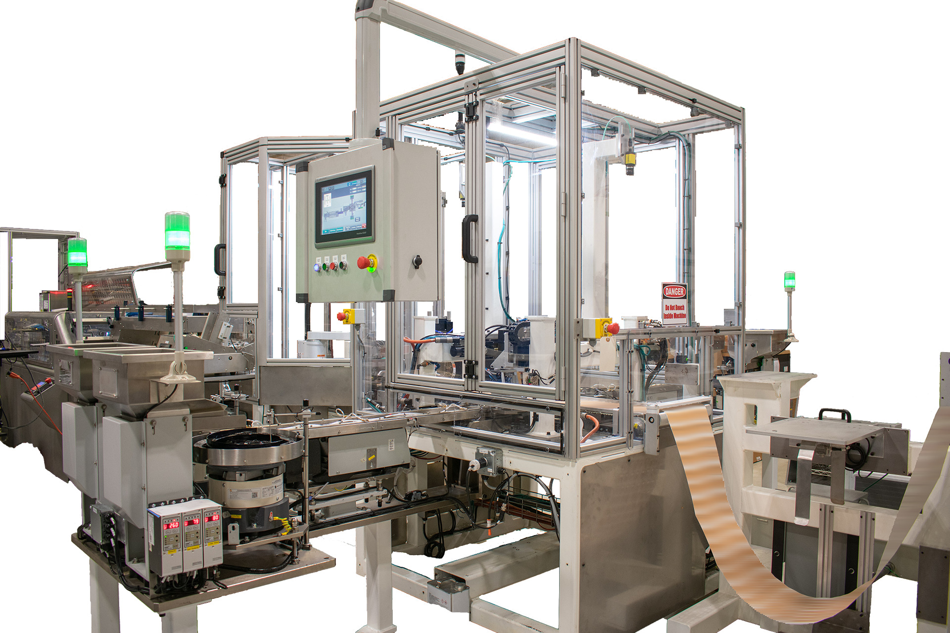 A modern automated production line with a robotic arm is surrounded by a transparent, aluminum-framed safety cage. A control panel with a digital screen and emergency stop button is mounted at eye level.