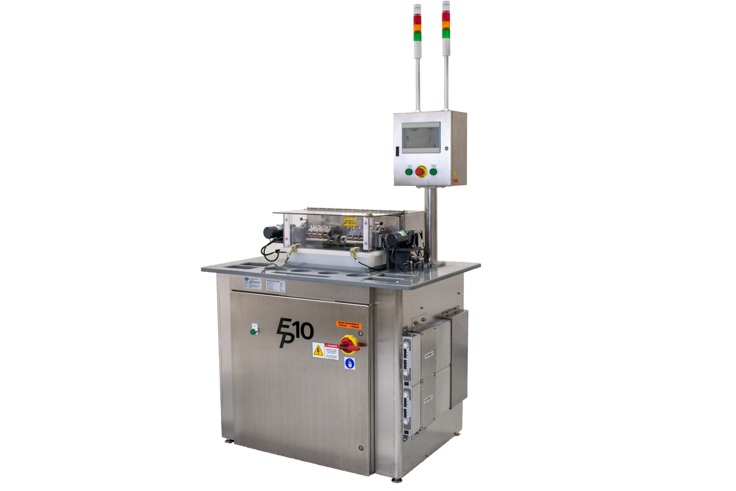 Electropolishing industrial machine, labeled "E10," featuring a transparent-enclosed processing unit, a control panel with a display screen, green and red push buttons, and indicator lights.