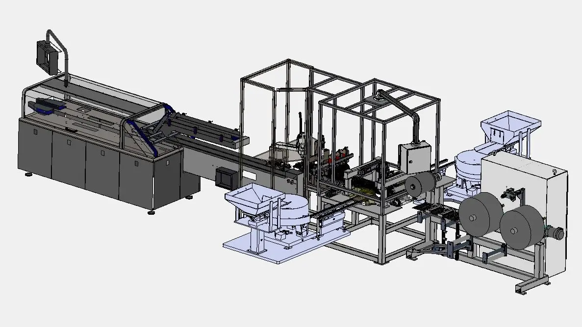 CAD drawing of an automated production line. A series of industrial machines connected by conveyors, including feeders, processing units, and output mechanisms.