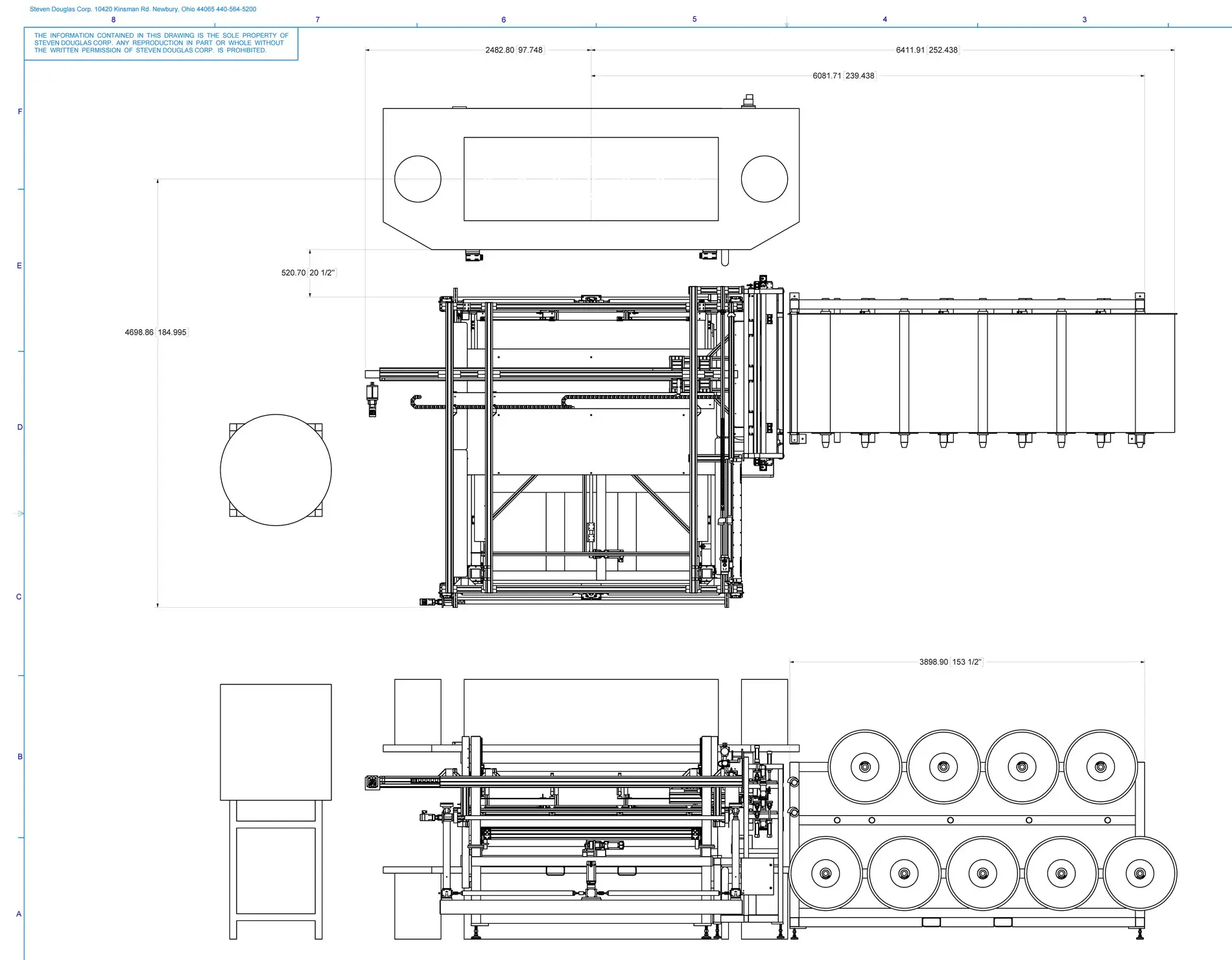 A technical drawing provides orthogonal views of a machine, including top, side, and front elevations. Key components are visible in each view.