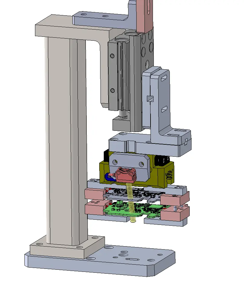 A CAD rendering shows an automated assembly jig designed for electronics manufacturing. It consists of a vertical support structure, a robotic arm, and a fixture for holding a printed circuit board (PCB).