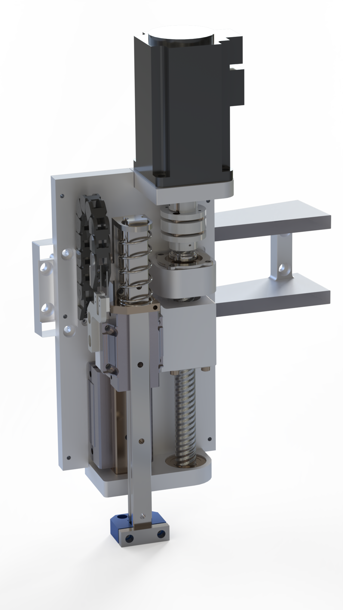 CNC machine linear motion assembly. A digital rendering shows the silver and dark gray stepper motor mounted vertically.