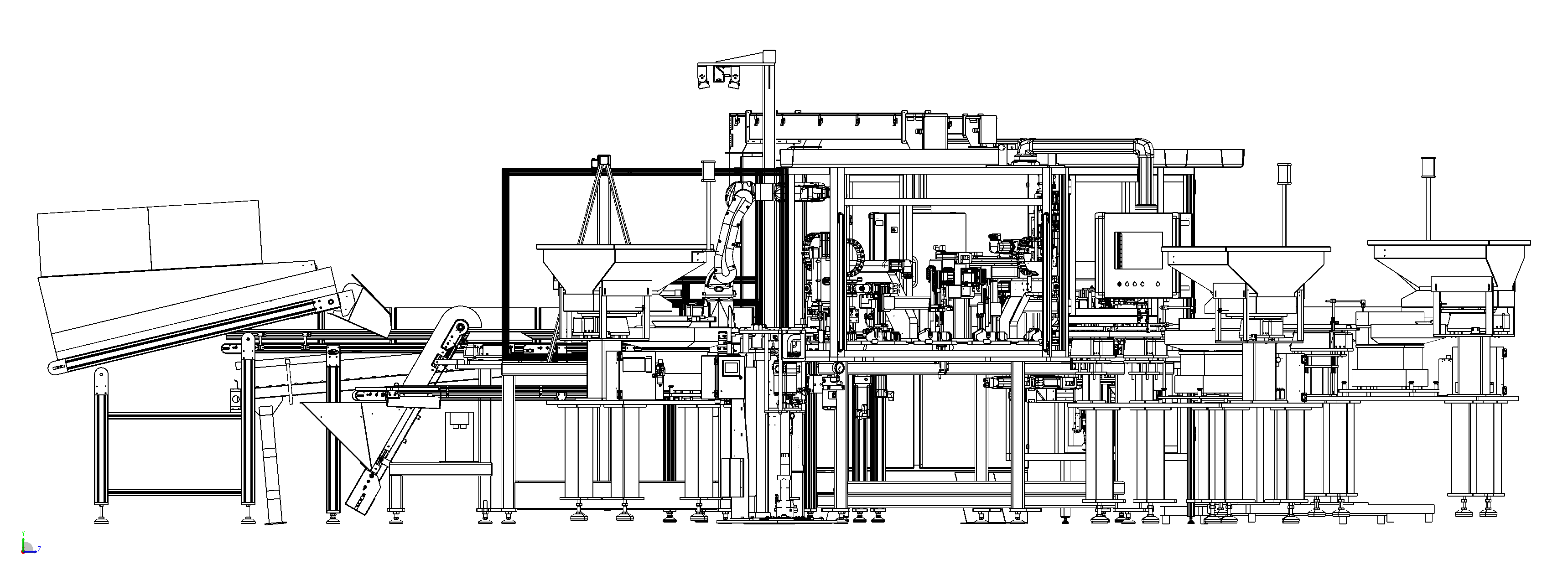Technical drawing showing conveying, filling, and robotic placement processes.