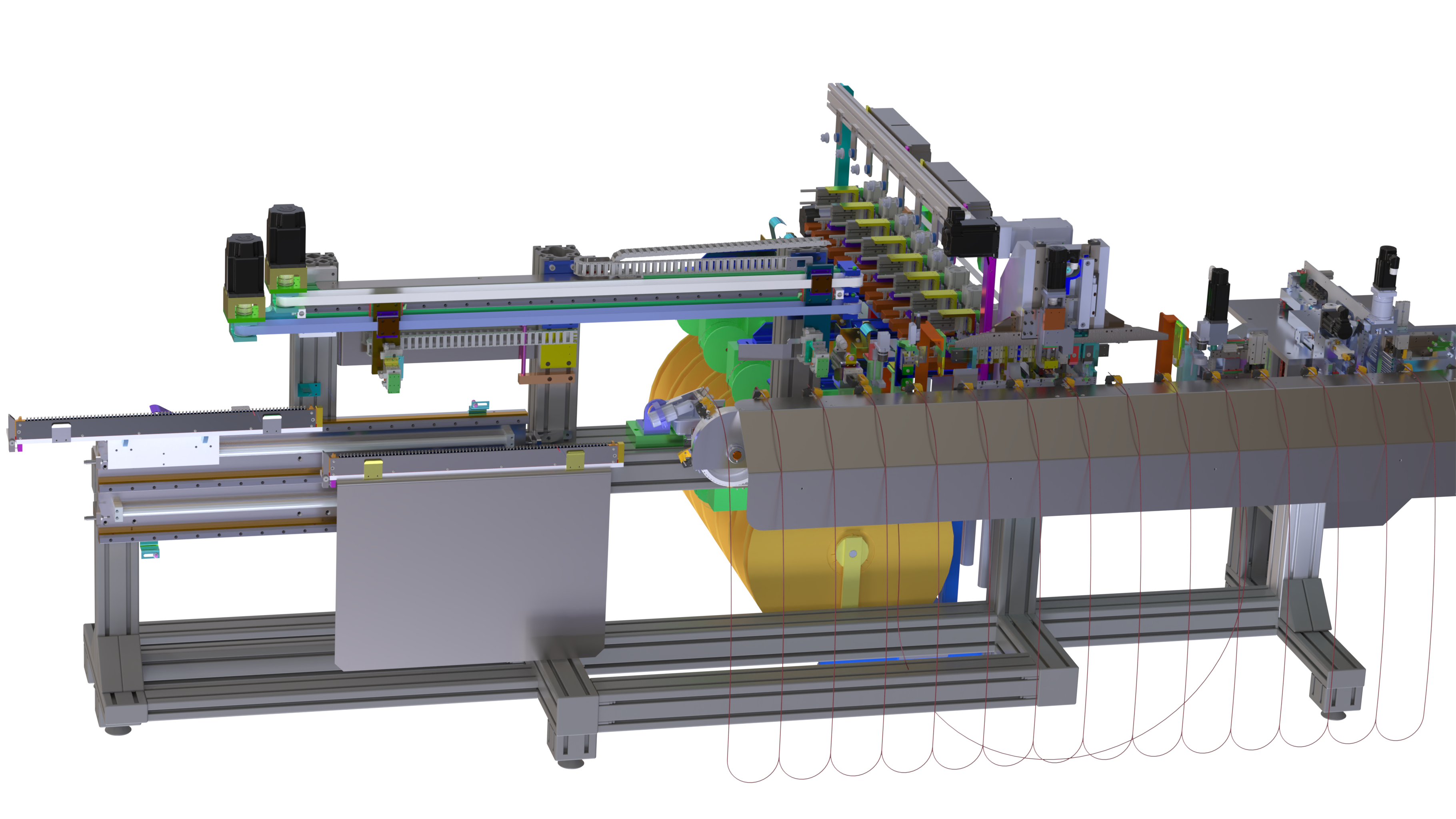 Automated machinery with robotic arms and conveyor displayed on a white background.