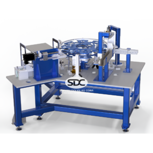 Automated machinery by Steven Douglas Corp. shows a system with a rotating component and robotic arms on a blue and gray frame.