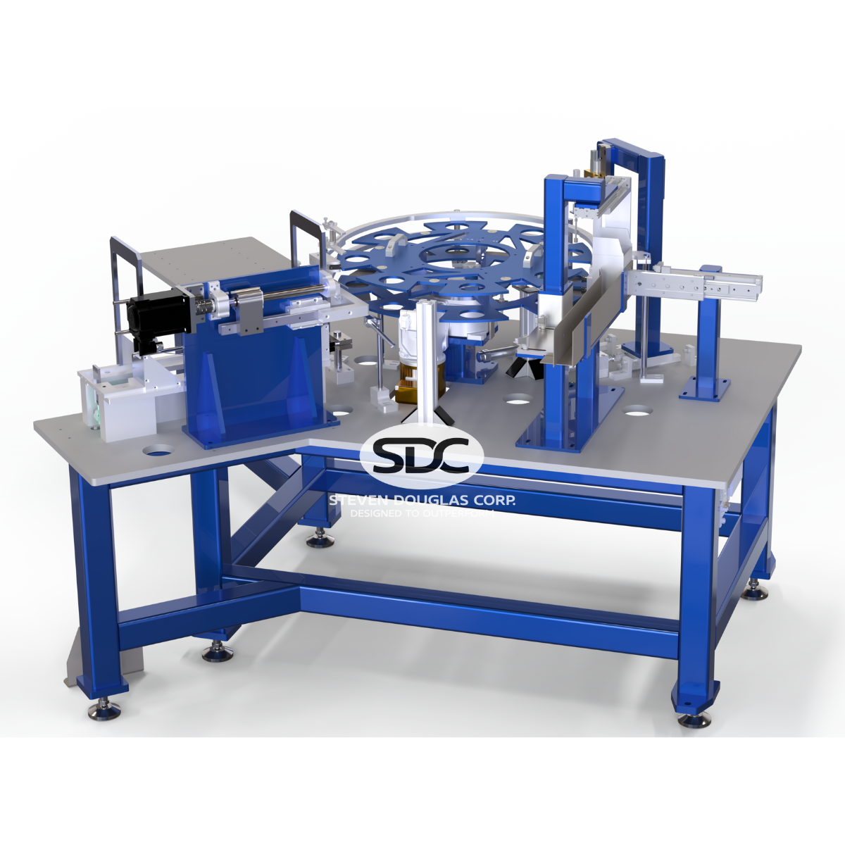 Automated machinery by Steven Douglas Corp. shows a system with a rotating component and robotic arms on a blue and gray frame.