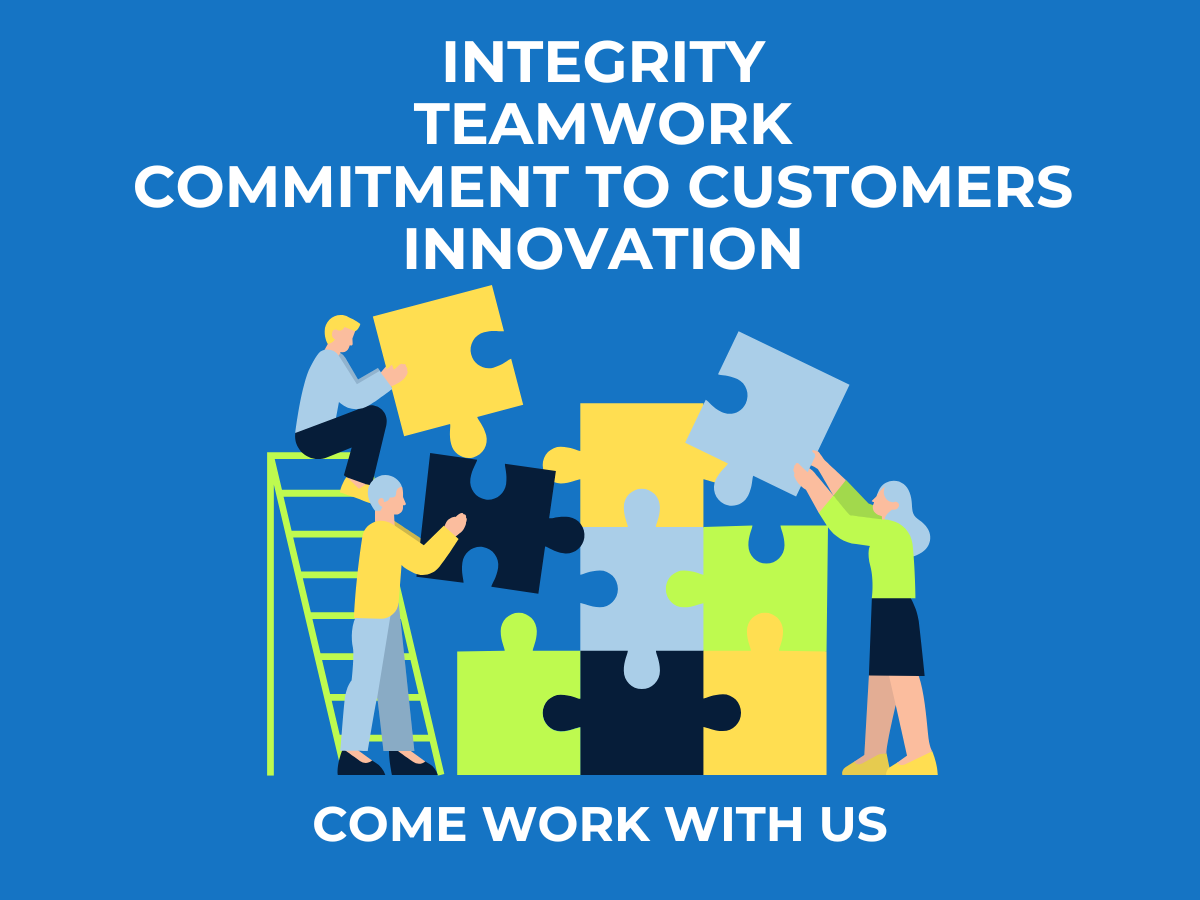 Team building puzzle graphic with people adding pieces. Text: Integrity, Teamwork, Commitment to Customers, Innovation, and "Come Work With Us."