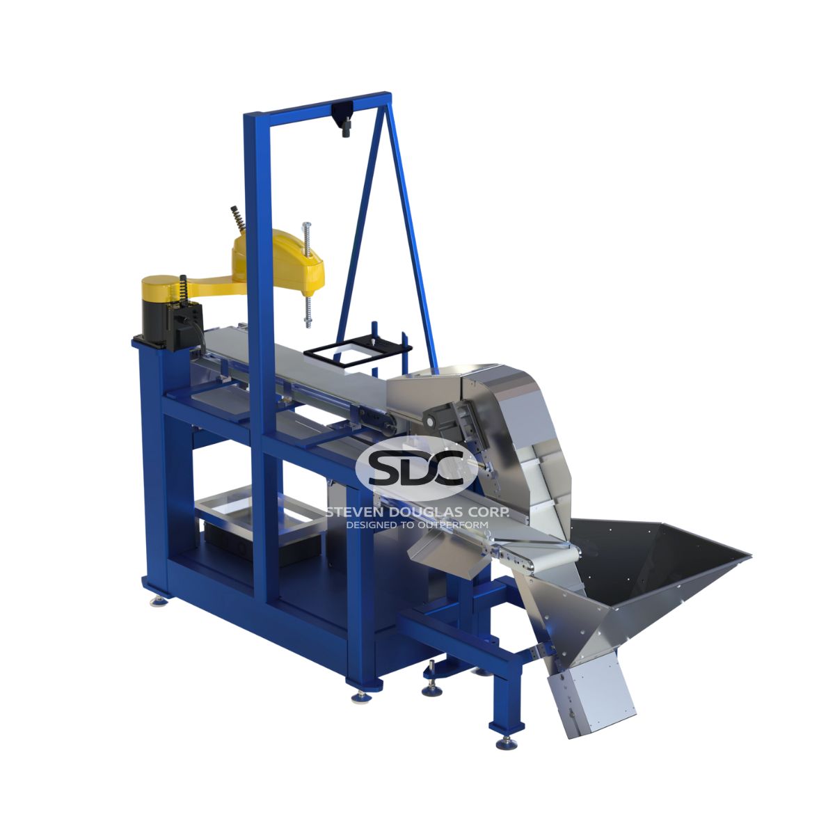 Flex feeder consisting of a blue-framed conveyor belt leading to a stainless steel hopper. A yellow industrial robotic arm positioned above dispenses parts onto the moving belt.