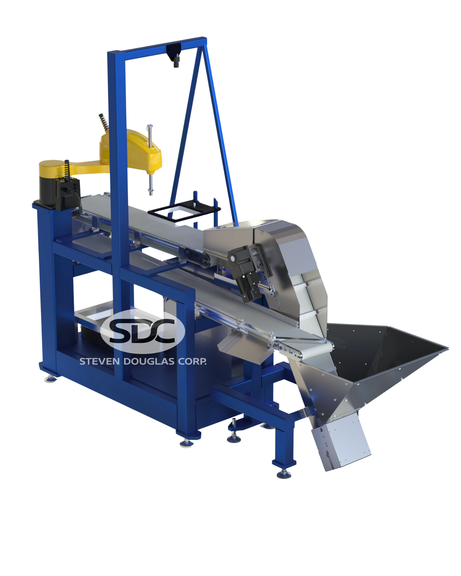 Flex feeder consisting of a blue-framed conveyor belt leading to a stainless steel hopper. A yellow industrial robotic arm positioned above dispenses parts onto the moving belt.Flex feeder consisting of a blue-framed conveyor belt leading to a stainless steel hopper. A yellow industrial robotic arm positioned above dispenses parts onto the moving belt.