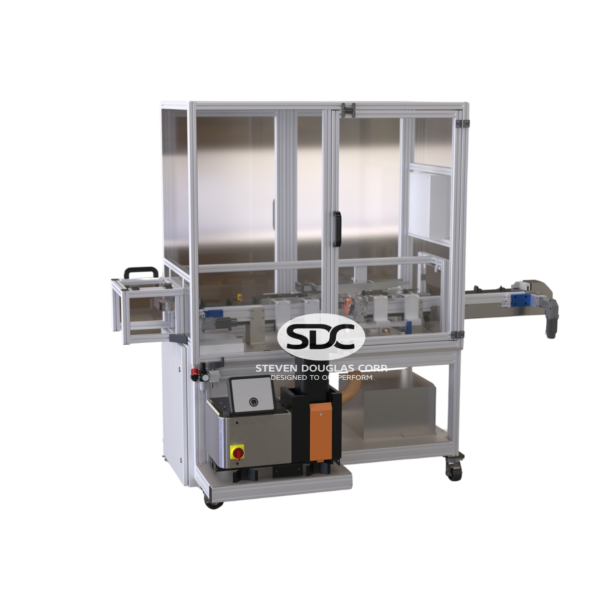 Automated assembly machine by Steven Douglas Corp; enclosed with conveyor belt and lower electrical unit.