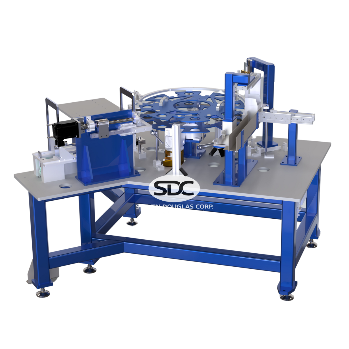 Automated machine by Steven Douglas Corp (SDC), featuring a vibratory bowl feeder and robotic arms on a blue and grey platform.