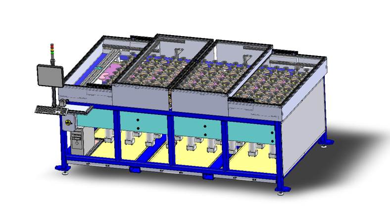 Automated machine with parts in covered trays, a computer, and a status light.