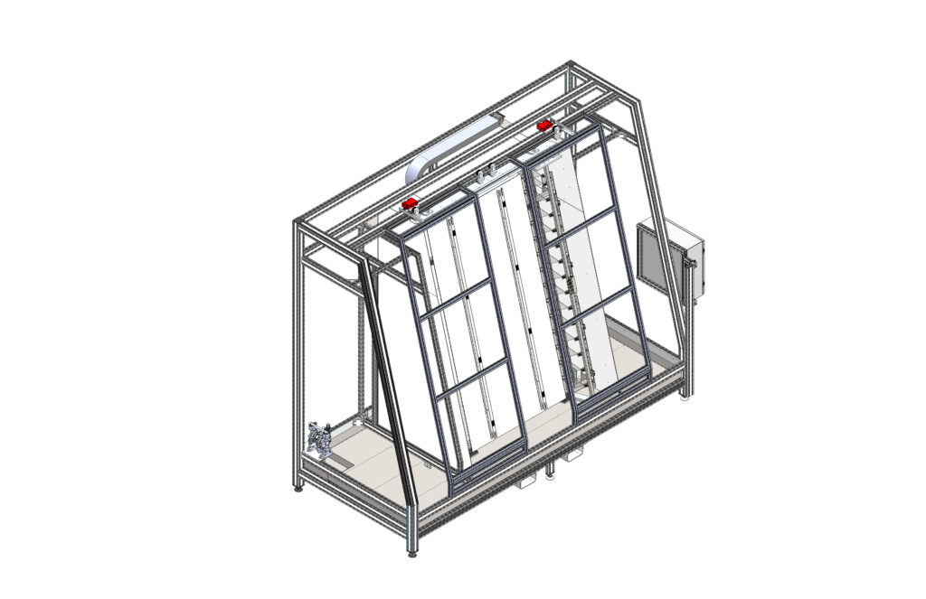 Automated machinery with a frame and panels, seen from a low angle.