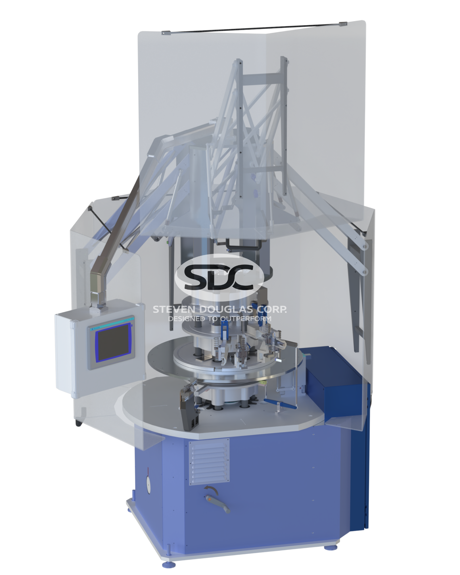 A chassis features a complex, multi-layered rotational apparatus at its center, enclosed partially by a transparent structure. It has a monitor on its left and an opaque blue base.