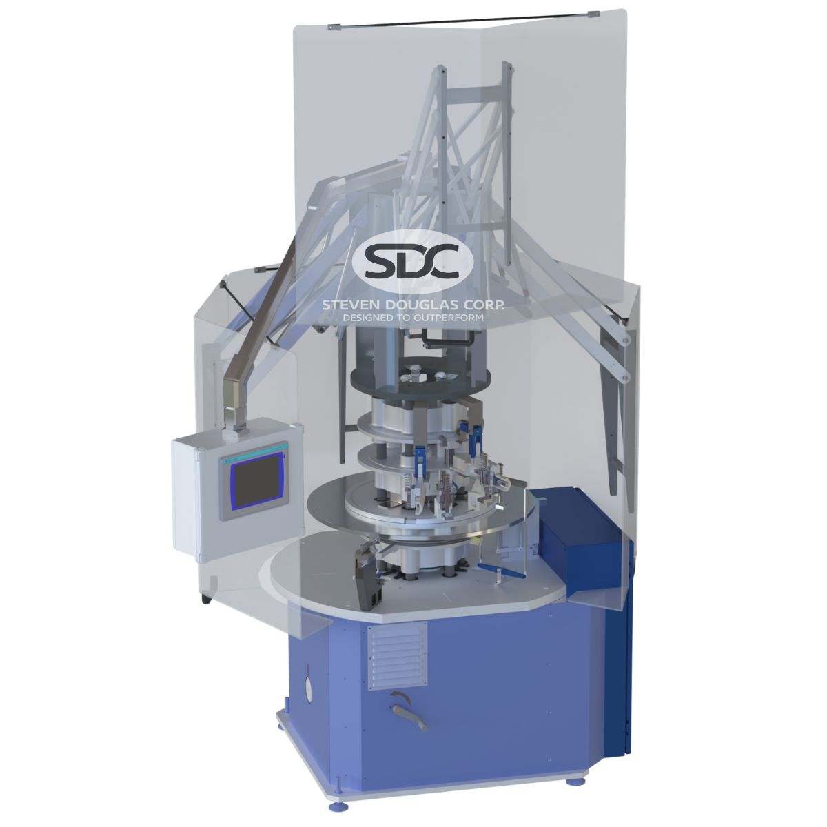 A chassis features a complex, multi-layered rotational apparatus at its center, enclosed partially by a transparent structure. It has a monitor on its left and an opaque blue base.