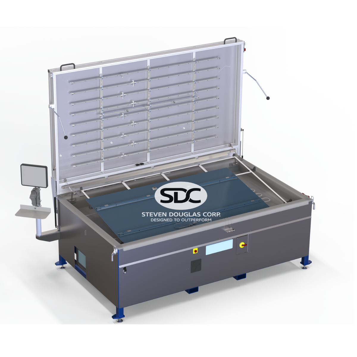 SDC Steven Douglas Corp. coating machine with open lid, exposing interior components and panel.