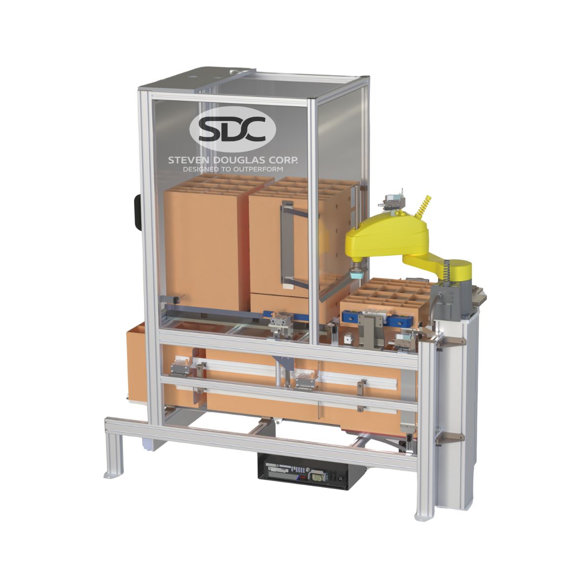 An automated system by Steven Douglas Corp. (SDC) is shown, featuring a robotic arm placing items into a cardboard box with dividers.