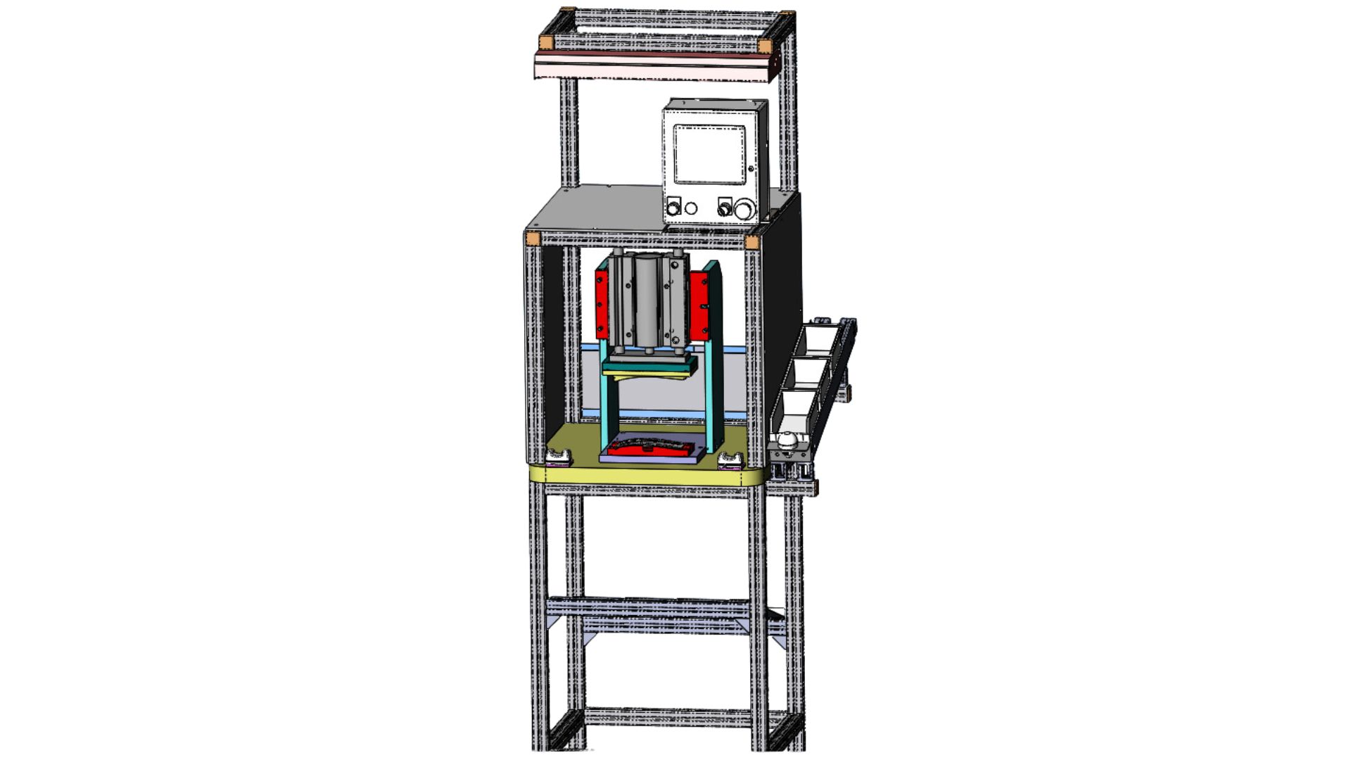 Automated industrial press with conveyor belt and control panel, used in manufacturing.