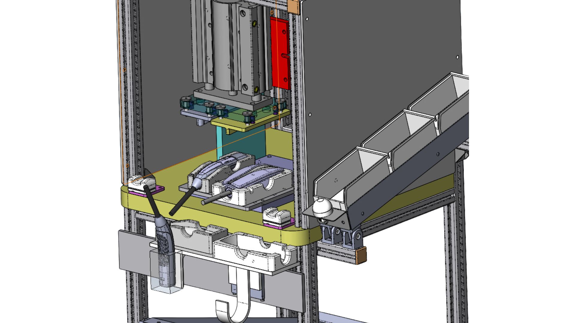 Automated assembly machine with conveyor, tooling, and pneumatic cylinder.