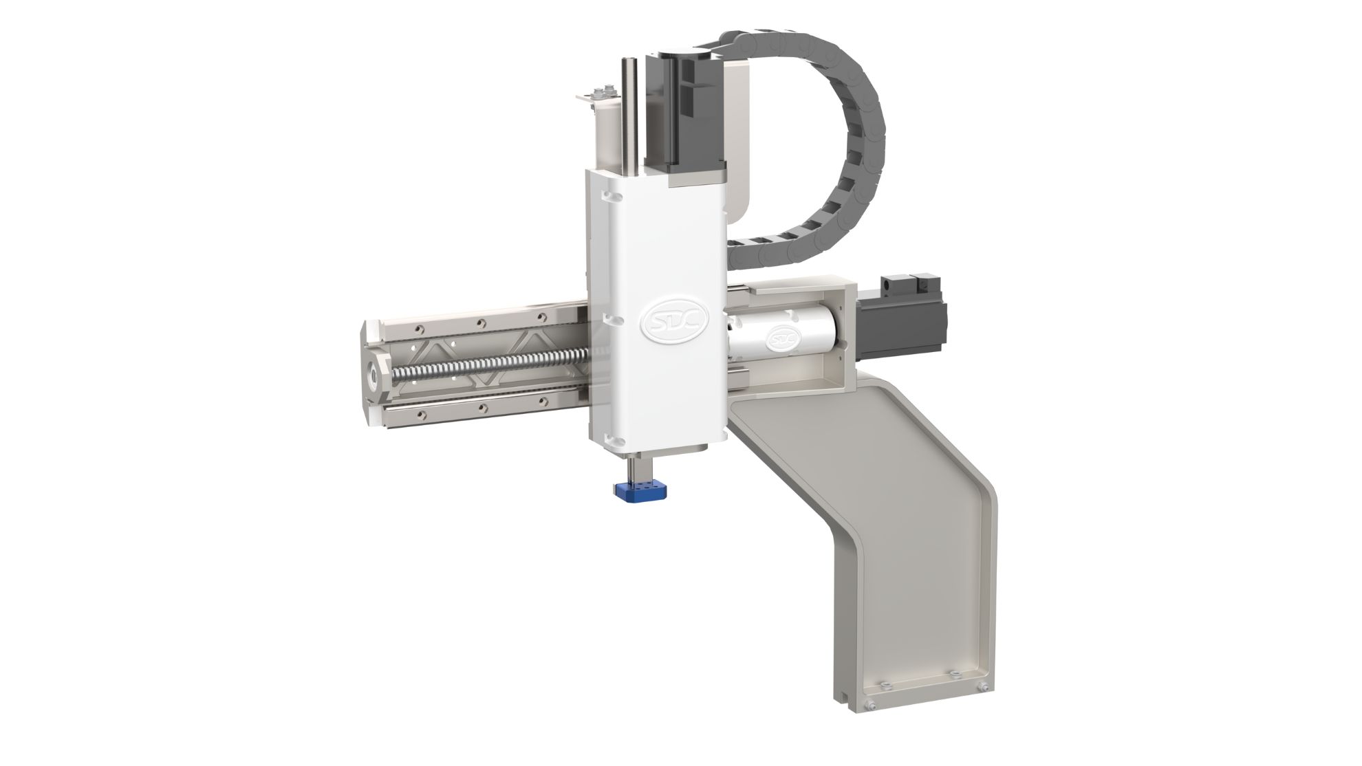Automated linear actuator with cable carrier and mounting bracket.
