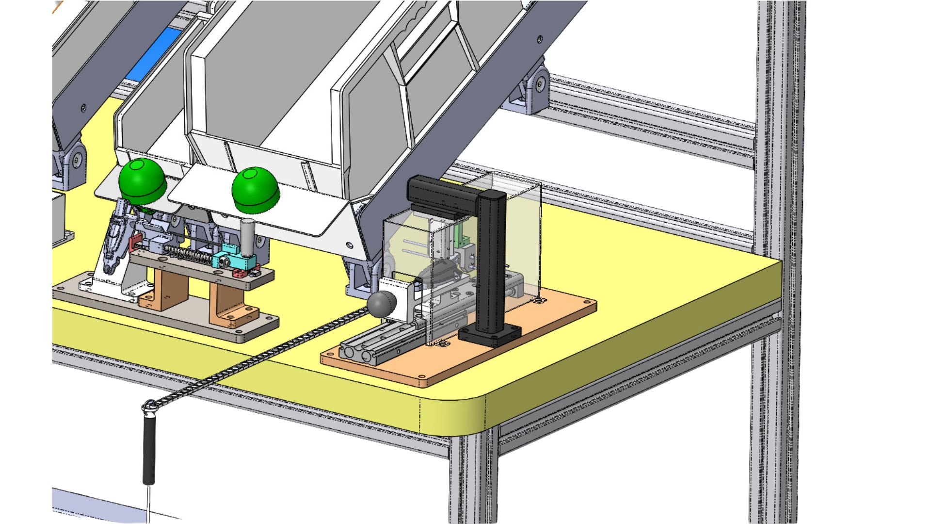 Automated machinery component layout showing clamps, mechanical linkages and conveyor.