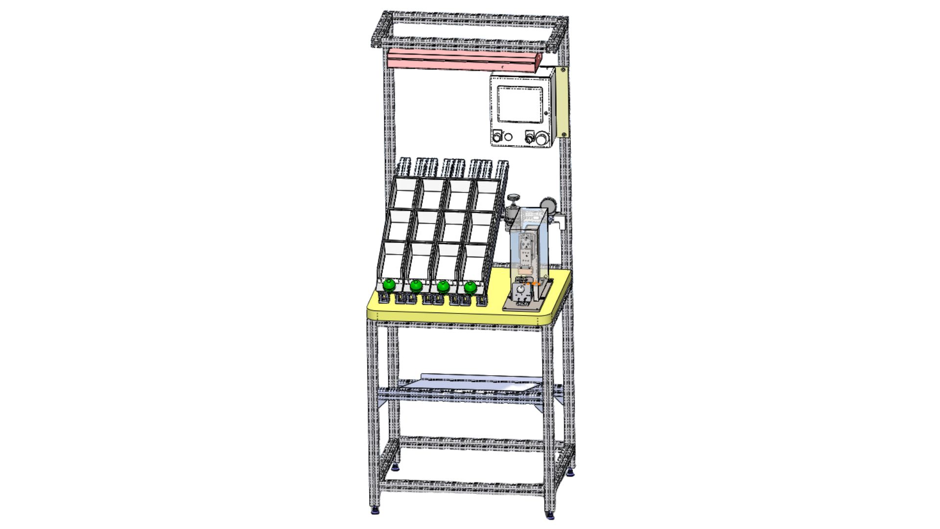 Automated testing station with bins, green buttons, a control unit, and flow monitor.