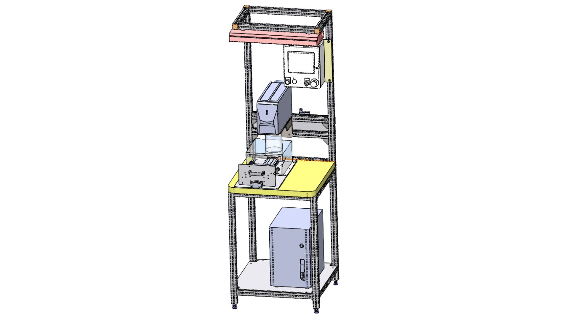 Automated testing machine with touch screen, dispenser, and control unit on a frame.