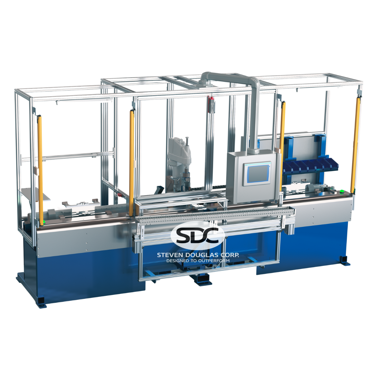 Automated assembly machine with safety light curtains and robotic arm, designed for manufacturing.