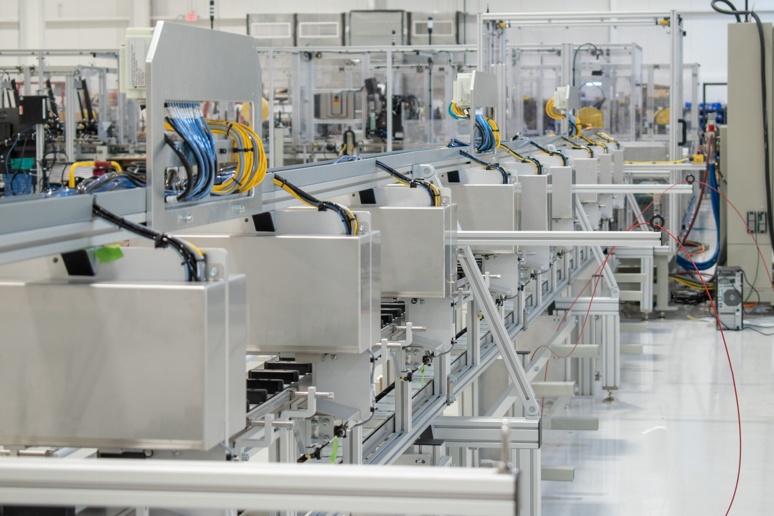 Automated sortation system at the end of a production line.