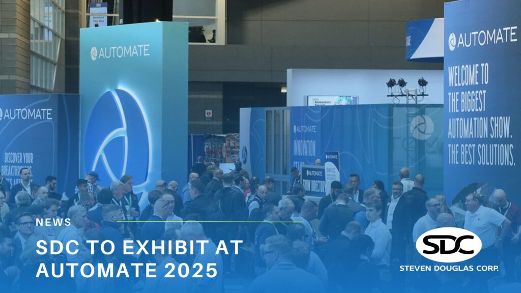 Gradient blue overlay with text of the 2024 Automate front lobby with people gathering for the expo.