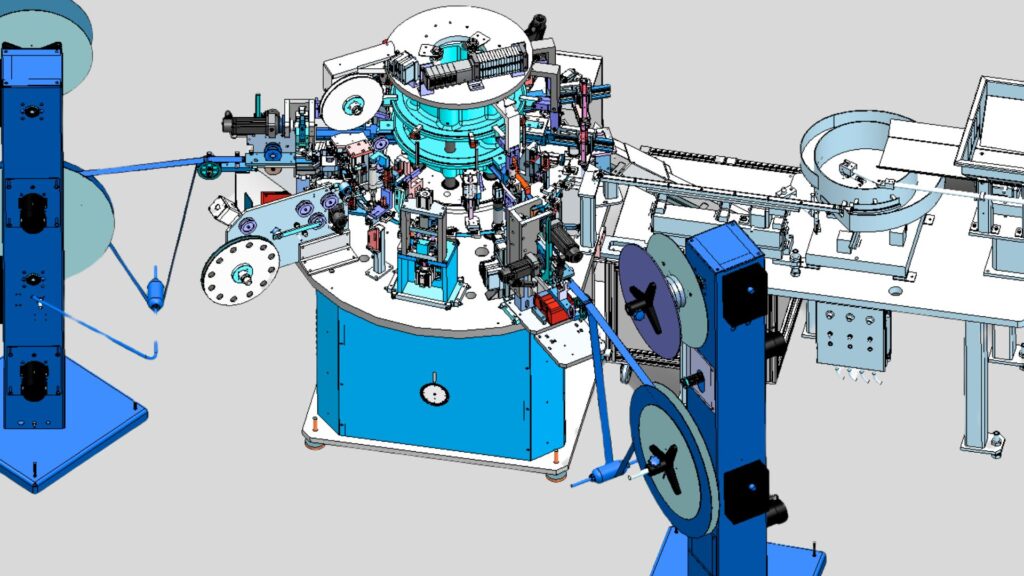 Colored CAD drawing of a machine that is used in a manufacturing facility.