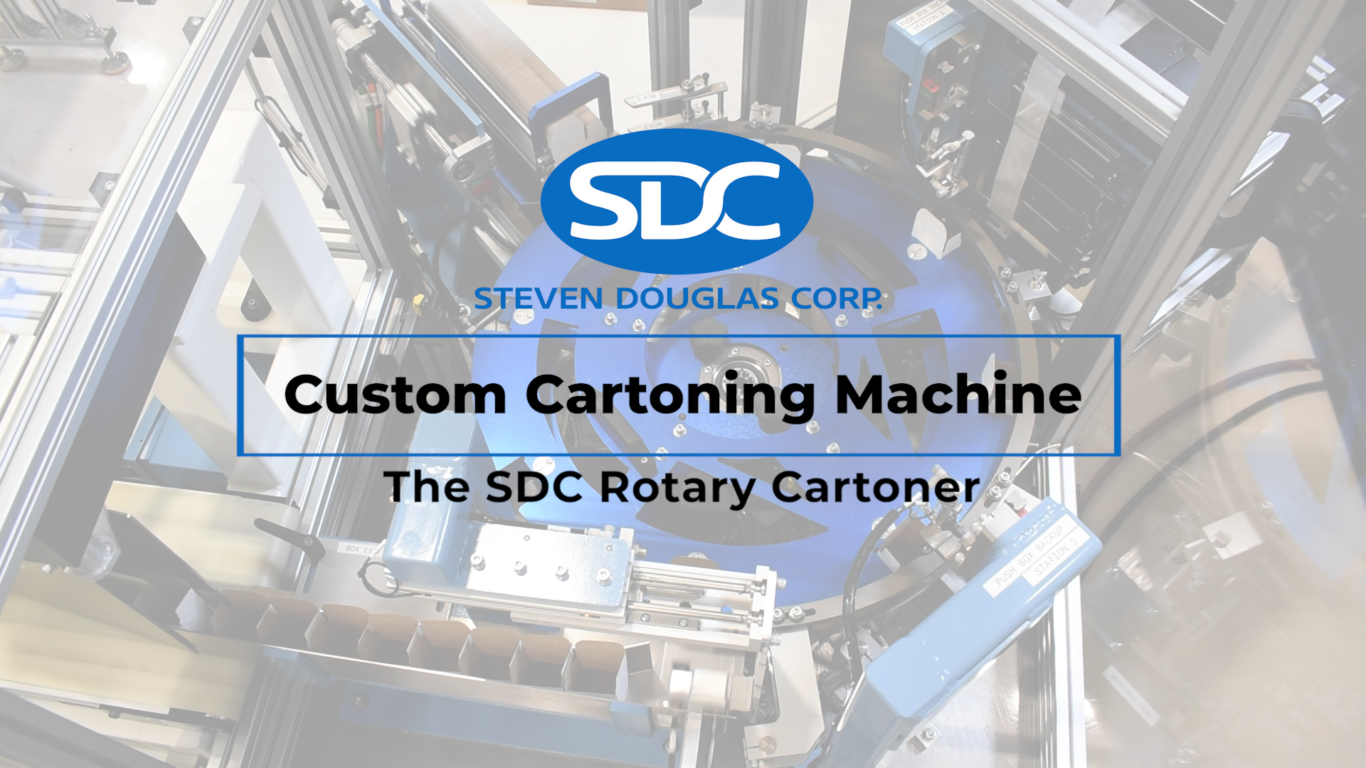 Custom cartoning YouTube case study thumbnail with white gradient overlay covering the rotary dial of the cartoning machine