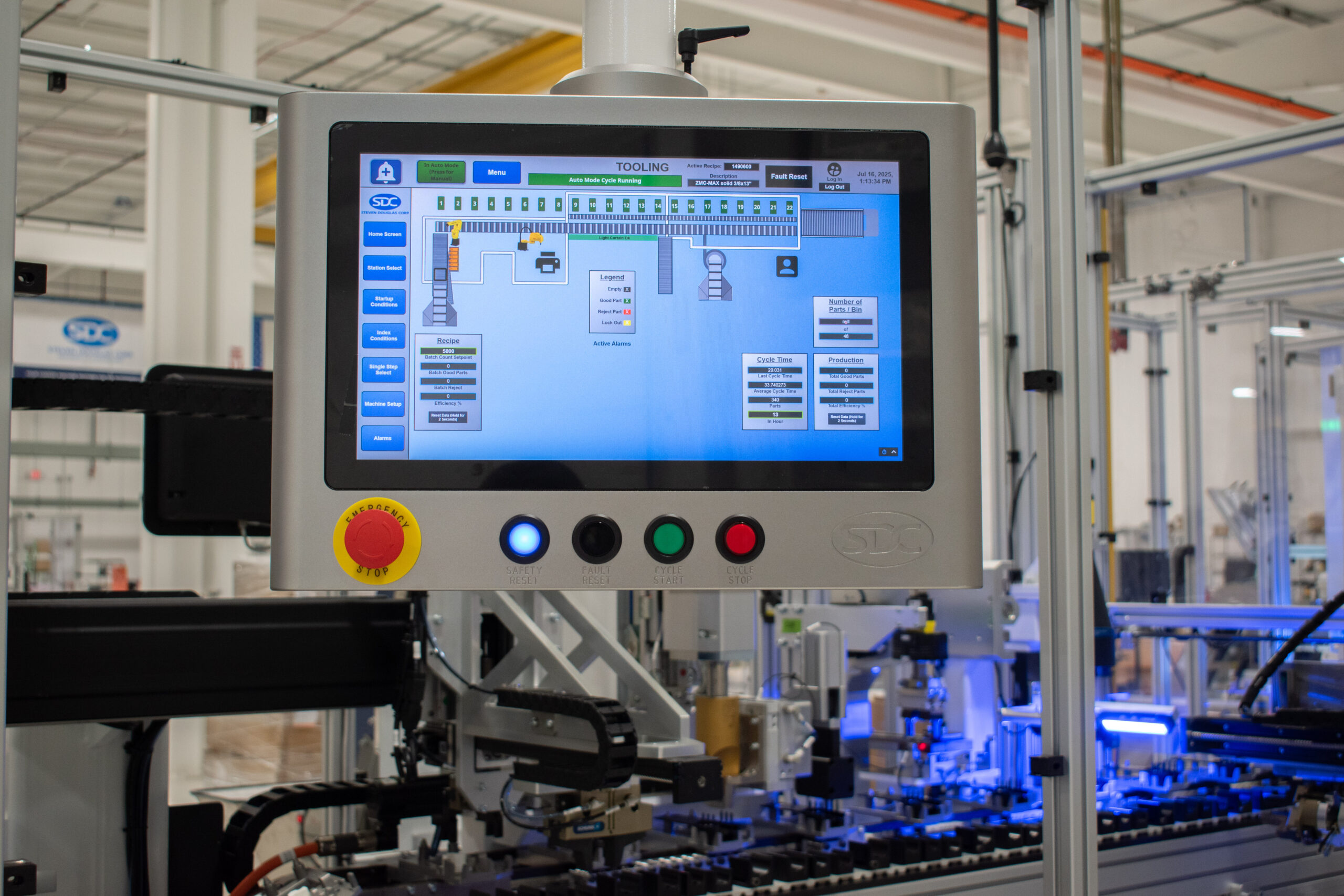 Ignition software on SDC's sleek new HMI design integrated onto an automated machine front view
