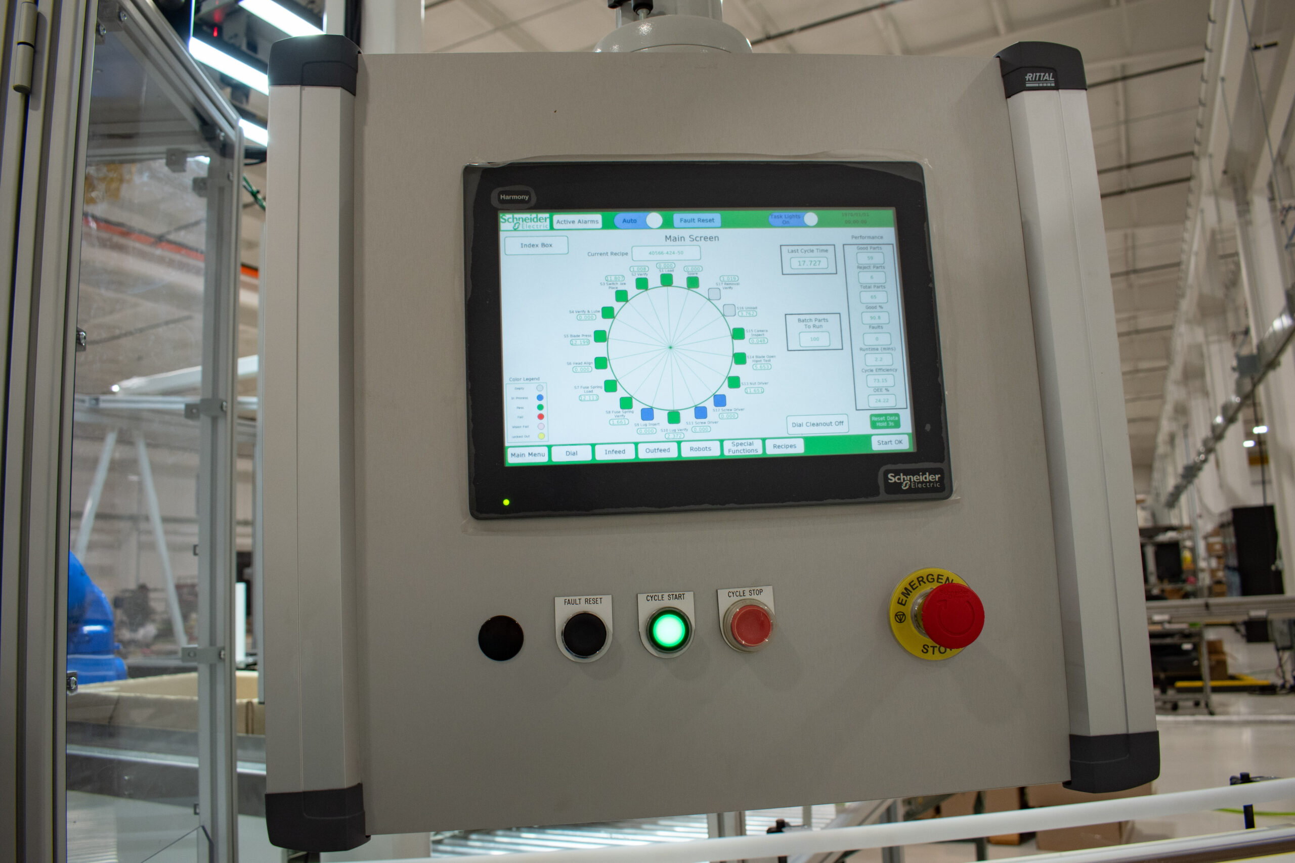 HMI showing machine stations and the status of each