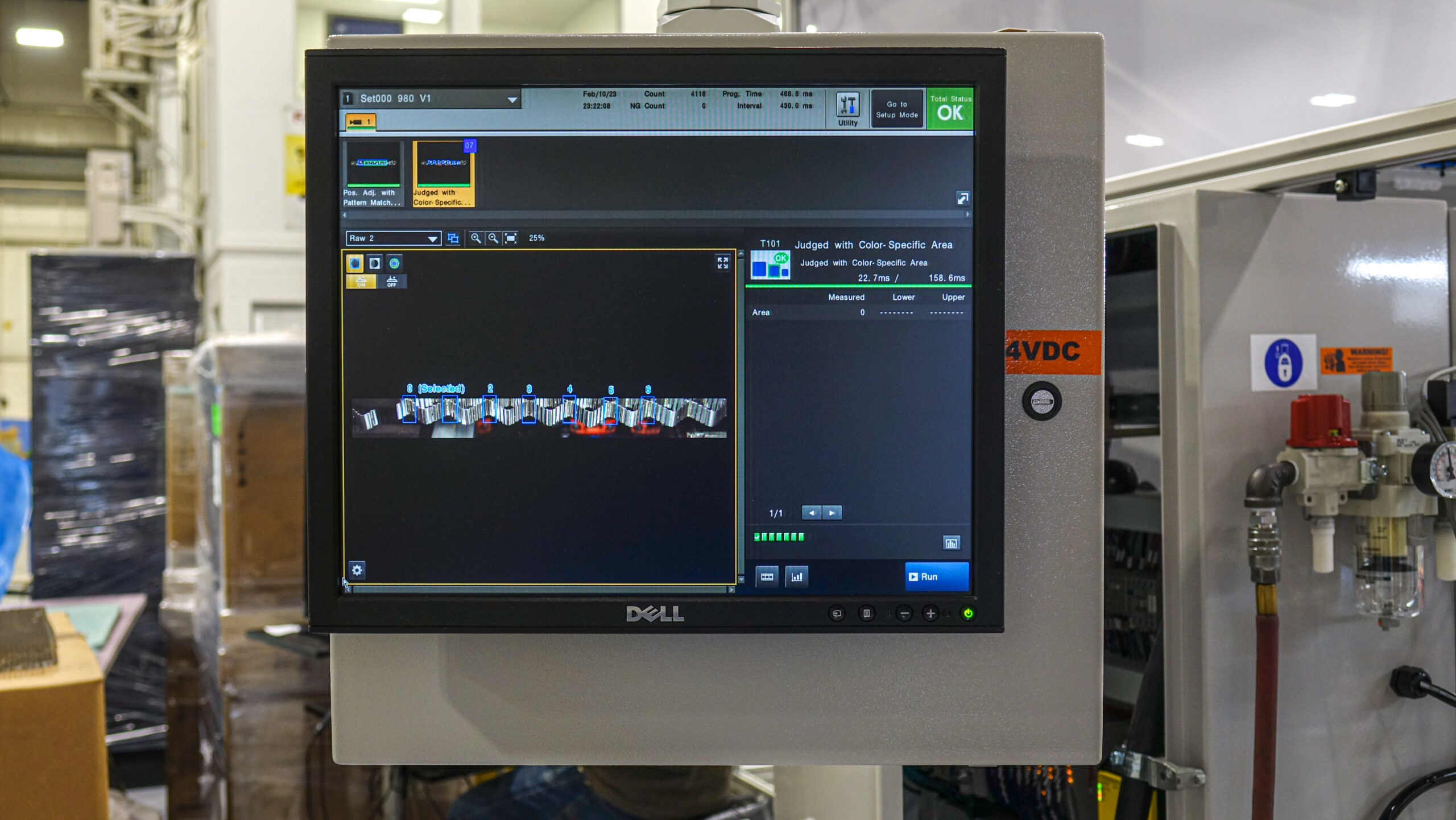 HMI showing part requirement verification after automated crimping and welding