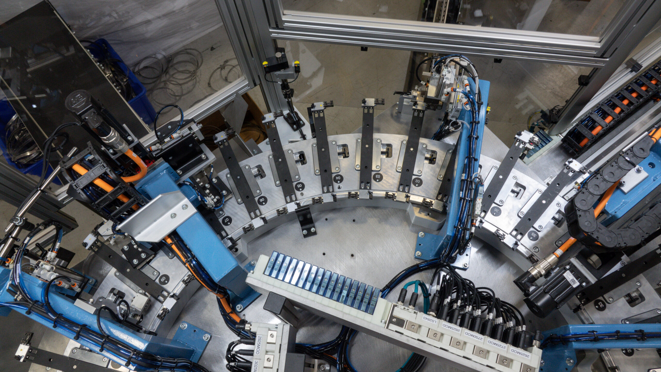 Top down view of half of an SDC Indexing Ring with custom tooling and pneumatics