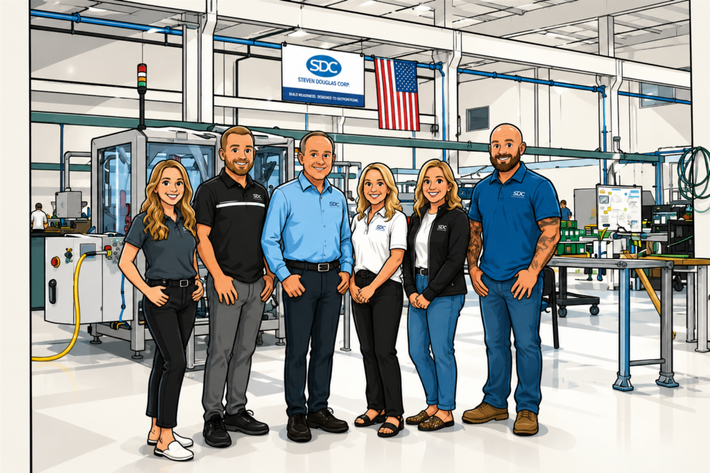 SDC team on the automation shop floor, representing the people and engineering expertise behind SDC’s custom automation systems and internal AI tools.