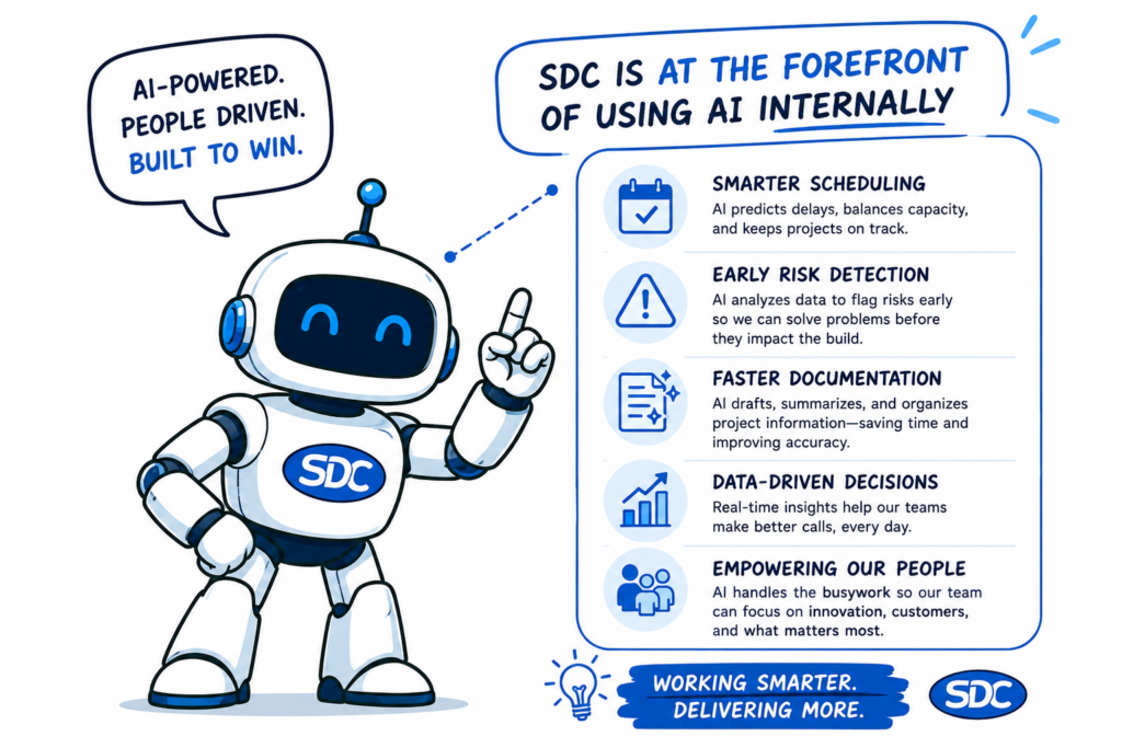SDC AI illustration showing how internal AI tools improve scheduling, identify project risks, streamline documentation and support data-driven decisions.
